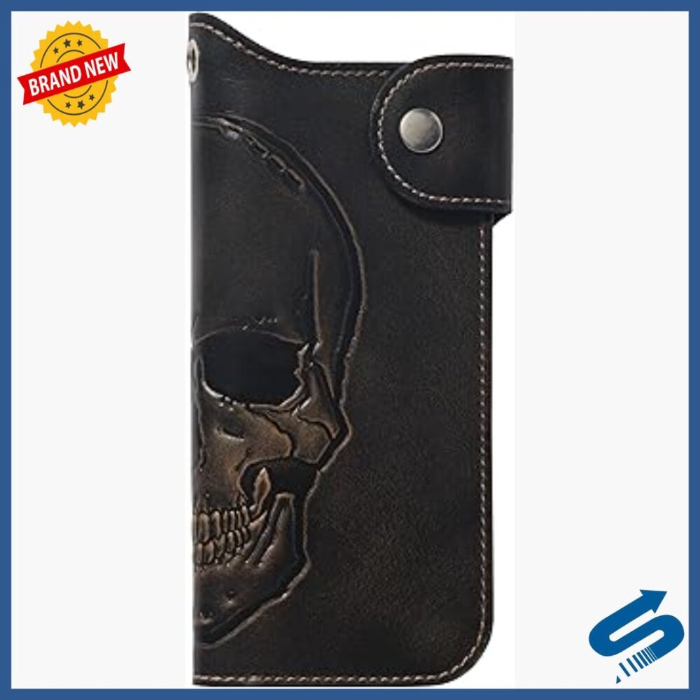 Long Bifold Leather Biker Wallet with Skull Design, Snap Closure